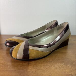 VTG 90s Bellini Womens Size 7 Striped Mixed Media Low Wedge Heels Shoes